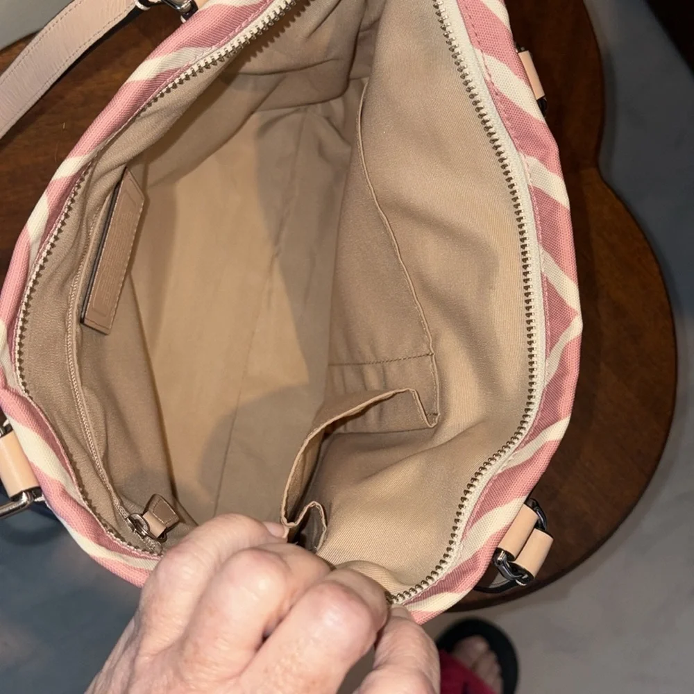Coach Pink zebra striped tote canvas/light tan leather trim/2 hangtags like new